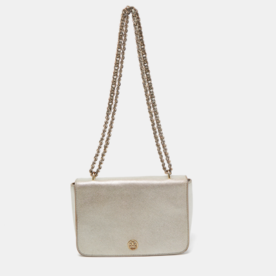 Pre-owned Tory Burch Silver Saffiano Leather Robinson Flap Shoulder Bag