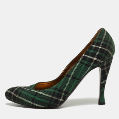 Pre-owned Bottega Veneta Green Plaid Canvas Pumps Size 38