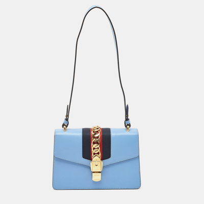 Pre-owned Gucci Blue Leather Small Web Sylvie Shoulder Bag