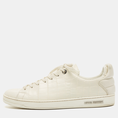 Pre-owned Louis Vuitton White Leather Croc Embossed Leather Frontrow Low Top Sneakers Size 43.5