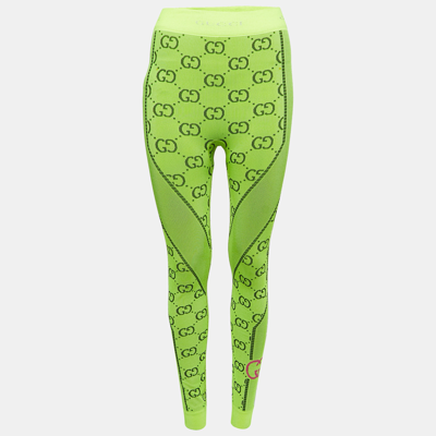 Pre-owned Gucci Neon Green Gg Jacquard Jersey Leggings S