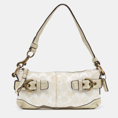Pre-owned Coach Pale Gold/beige Signature Canvas And Leather Baguette