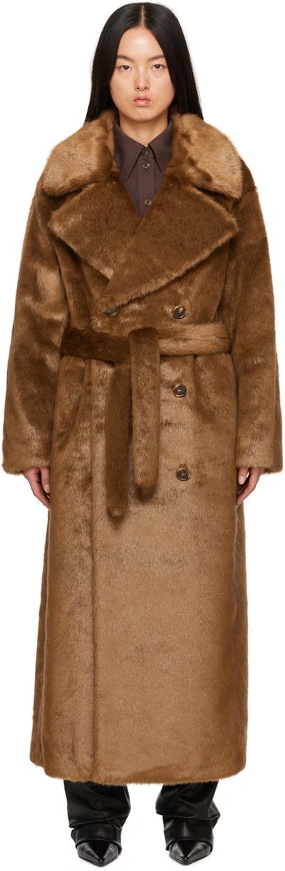 The Frankie Shop Joni Long Faux Fur Coat In Dark Camel