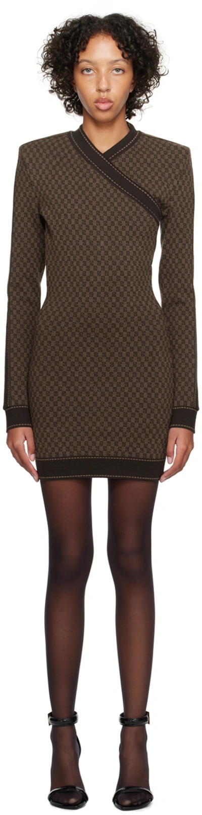 Balmain Brown Mini Monogram Minidress In Wfp Marron/marron