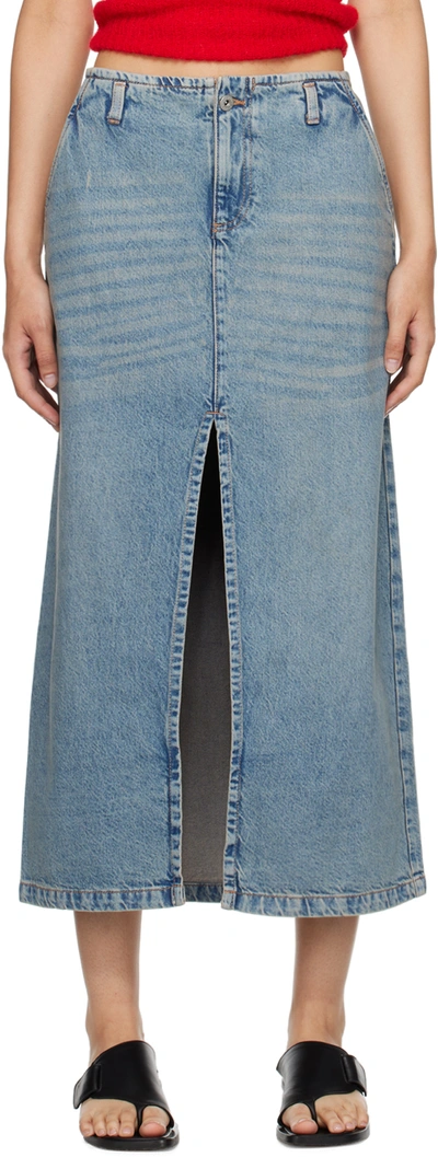 Gimaguas Front-slit Cotton Denim Midi Skirt In Blue