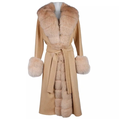 Made In Italy Elegant Beige Wool Coat With Fox Fur Women's Trim