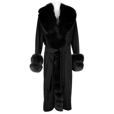 Made In Italy Elegant Virgin Wool Coat With Luxe Fox Fur Women's Trim In Black
