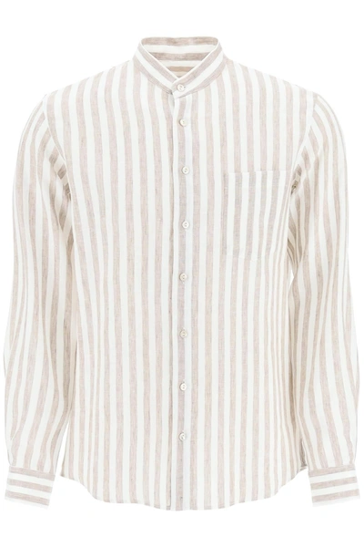 Agnona Striped Linen Shirt In White, Brown