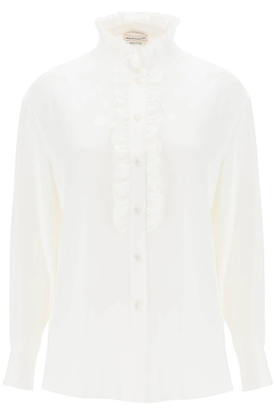 Alexander Mcqueen Silk Satin Shirt With Ruffles In White