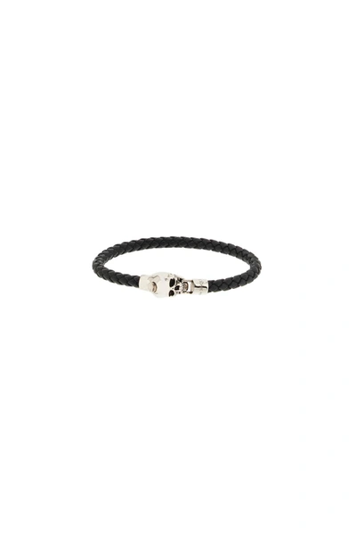 Alexander Mcqueen Skull Braided Leather Bracelet In Black