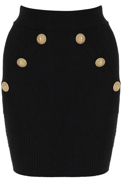 Balmain Knit Mini Skirt With Embossed Buttons In Nero