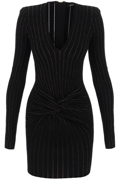 Balmain Knitted Mini Dress With Lurex Stripes In Black