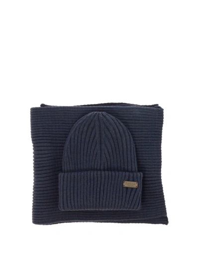 Barbour "crimdon" Ribbed Scarf And Beanie In Blue