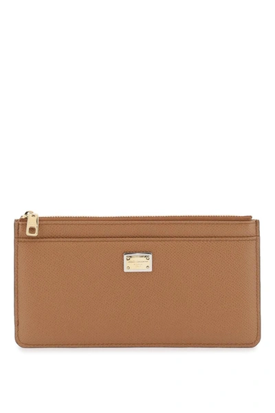 Dolce & Gabbana Cardholder Pouch In Dauphine Calfskin In Marrone