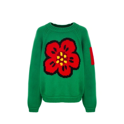 Kenzo Boke Flower Motif Embroidered Sweater In Verde