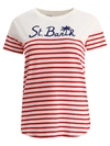 Mc2 Saint Barth Red Striped Cotton T-shirt With St. Barth Embroidery