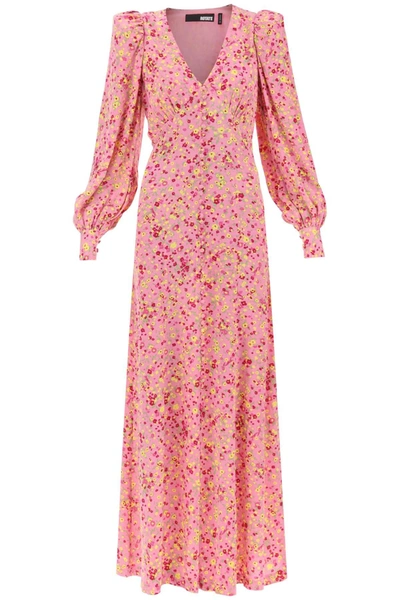 Rotate Birger Christensen Floral Print Jacquard Maxi V-neck Dress In Pink