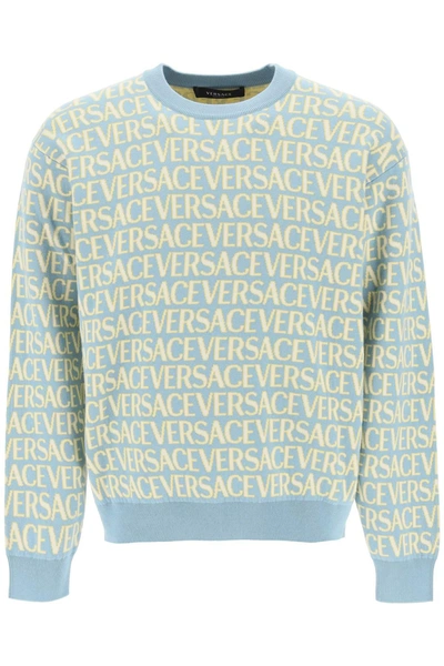 Versace Monogram Cotton Sweater Men In Blue