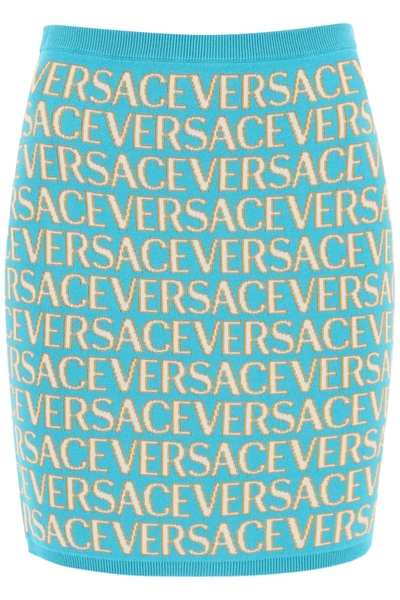 Versace Monogram Knit Mini Skirt In Light Blue
