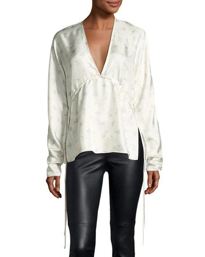 Elizabeth And James Ophelie V-neck Floral-printed Satin Top W/ Side Ties In Pearl