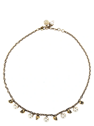 Alexander Mcqueen Skull-detail Pearl-embellished Necklace In Gold
