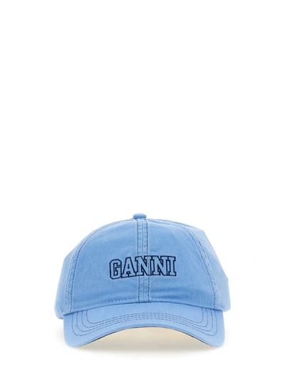 Ganni Baseball Hat With Logo In Baby Blue