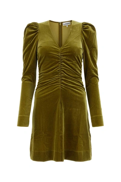Ganni Long Sleeve Velvet Jersey Long Dress In Green