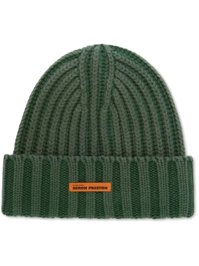 Heron Preston Brand-patch Ribbed Wool-knit Beanie In Green
