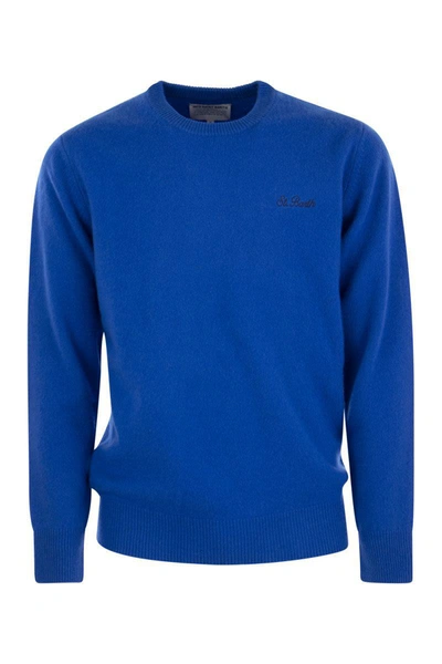 Mc2 Saint Barth Man Crewneck Bluette Sweater With St. Barth Embroidery