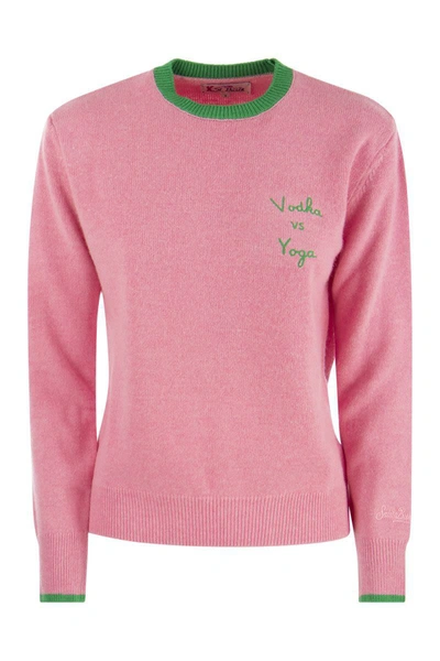 Mc2 Saint Barth Wool And Cashmere Blend Jumper With Vodka Vs Yoga Embroidery In Pink