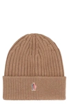 Moncler Logo-patch Virgin-wool Beanie In Camel