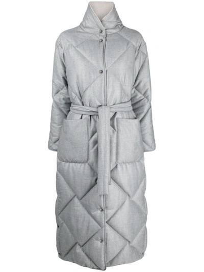 Peserico Tied-waist Quilted Coat In Grey