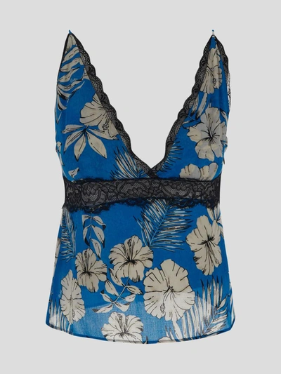 Pinko Lace Paneled Floral Print Top In Blue