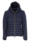 Save The Duck 'alexis' Blue Hooded Down Jacket With Tonal Logo Print In Shiny Nylon Woman In Blue