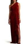 Tadashi Shoji Lotten Waterfall Drape Gown In Flame