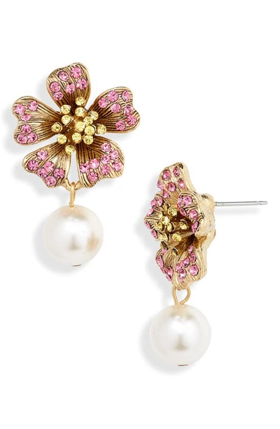 Oscar De La Renta Crystal Floral Imitation Pearl Drop Earrings In Rose Multi