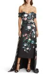MARCHESA NOTTE FLORAL OFF THE SHOULDER HIGH-LOW GOWN