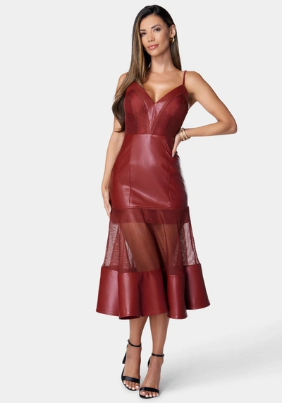 Bebe Mesh And Faux Leather Flare Dress In Wine