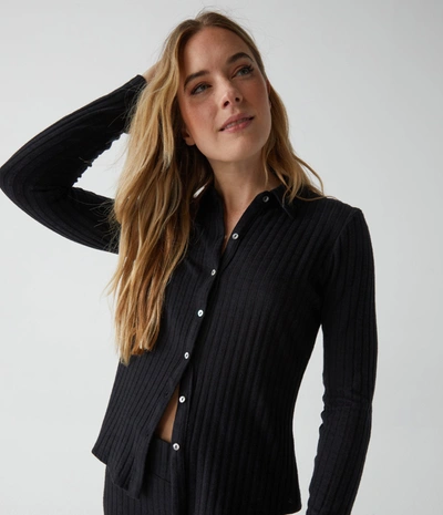 Michael Stars Paulina Ribbed Button Down Top In Black