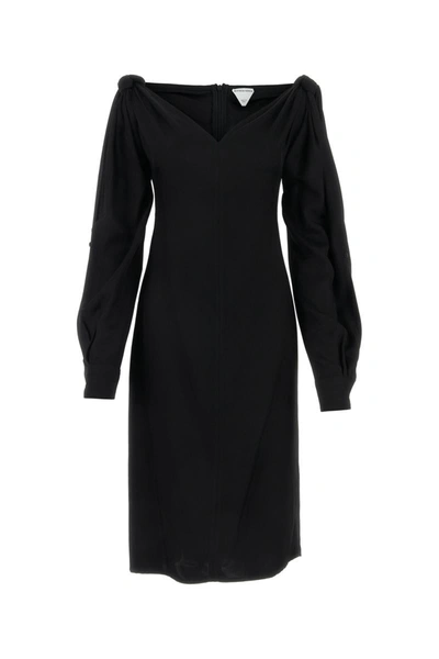 Bottega Veneta Viscose Midi Dress Knotted Shoulders In Black