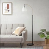 HOME OUTFITTERS MATTE BLACK BASE/FROSTED SHADE FLOOR LAMP, GREAT FOR BEDROOM, LIVING ROOM, TRANSITIONAL