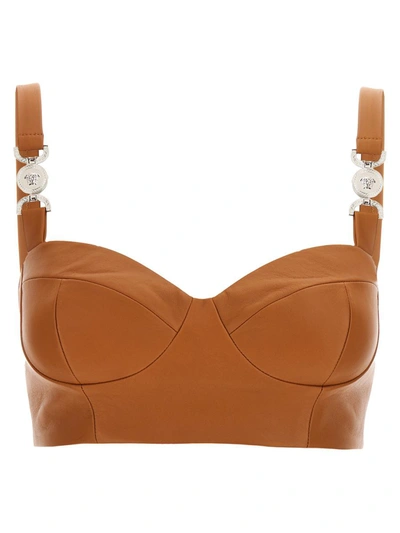 Versace Plonge Leather Crop Bustier Top In Orange