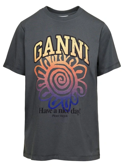 Ganni Basic Flower Print Cotton T-shirt In Volcanic Ash