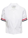 THOM BROWNE WHITE CROPPED SHIRT WITH SHORT SLEEVES AND STRIPED TRIM IN COTTON WOMAN