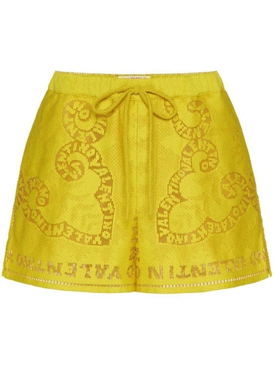 Valentino Embroidered Drawstring Cotton Shorts In Yellow