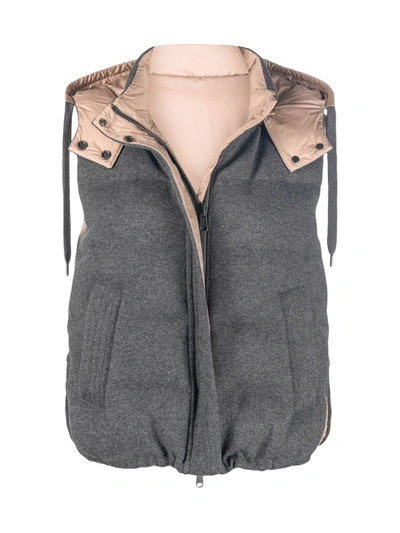 BRUNELLO CUCINELLI REVERSIBLE SLEEVELESS DOWN JACKET IN CASHMERE KNIT WITH HOOD AND "SHINY TRIM"