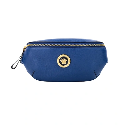 Versace Small Navy Calf Leather Medusa Pendant Fanny Waist Pack Belt Bag In Brown