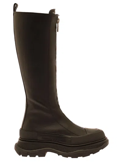 Alexander Mcqueen Tread Slick Black Boots With Embossed Logo And Chunky Platform In Leather Woman