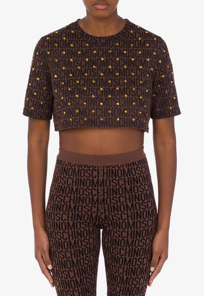 Moschino Logo-print Cropped T-shirt In Brown