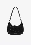MOSCHINO ALL-OVER LOGO SHOULDER BAG WITH RHINESTONES